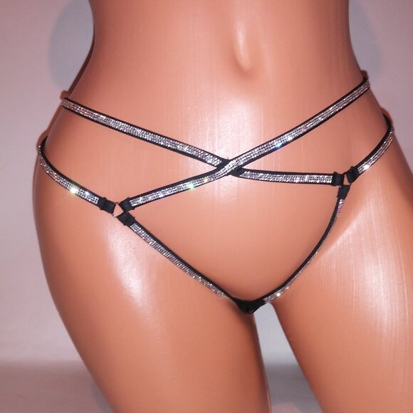 Victoria's Secret Other - Victoria Secret Panty Thong Shine Strap Black Silver Bling Very Sexy Strappy New